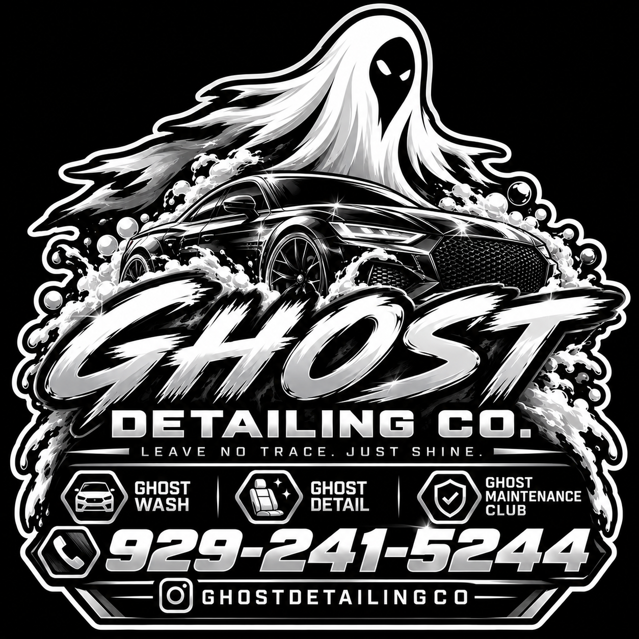 Ghost Detailing Co. ghost mascot and car, phone 929-241-5244